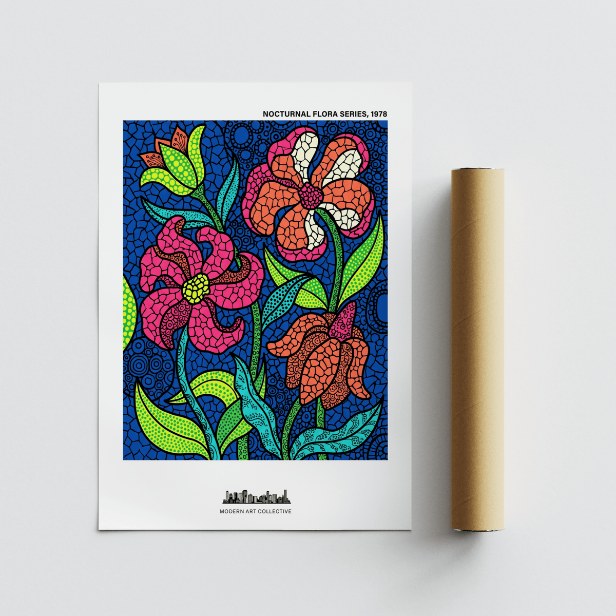 Nocturnal Floral Art Print in decorative poster style with mosaic outlines