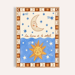 Moon and Sun Print wall art poster showing crescent moon and radiant sun