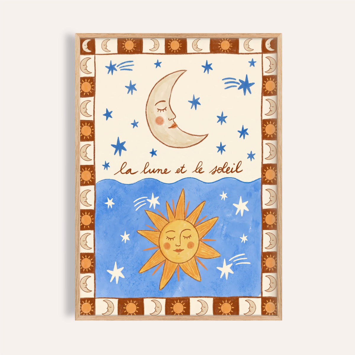 Moon and Sun Print wall art poster showing crescent moon and radiant sun