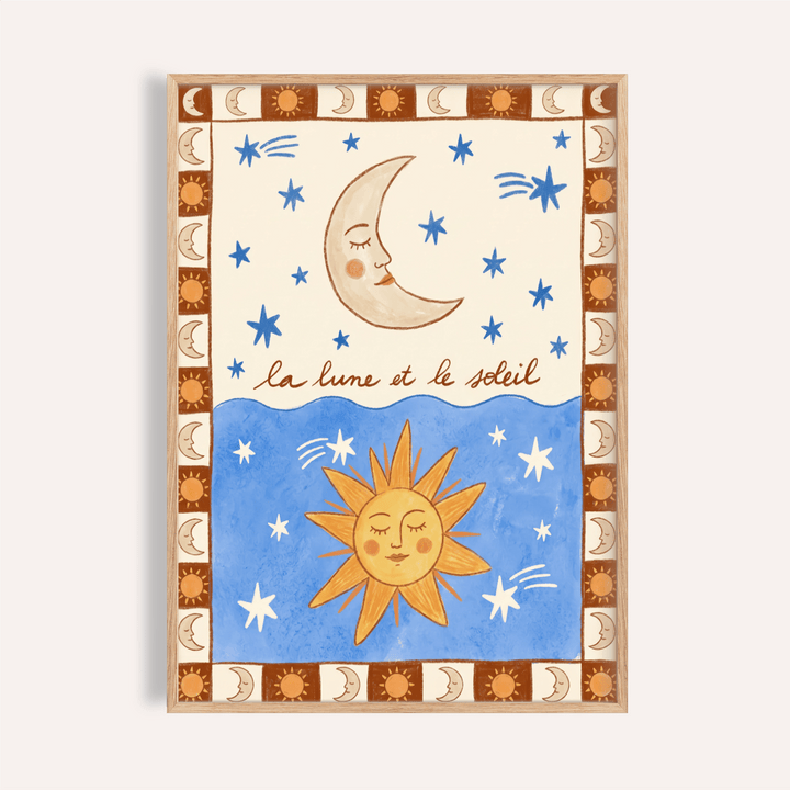 Moon and Sun Print wall art poster showing crescent moon and radiant sun