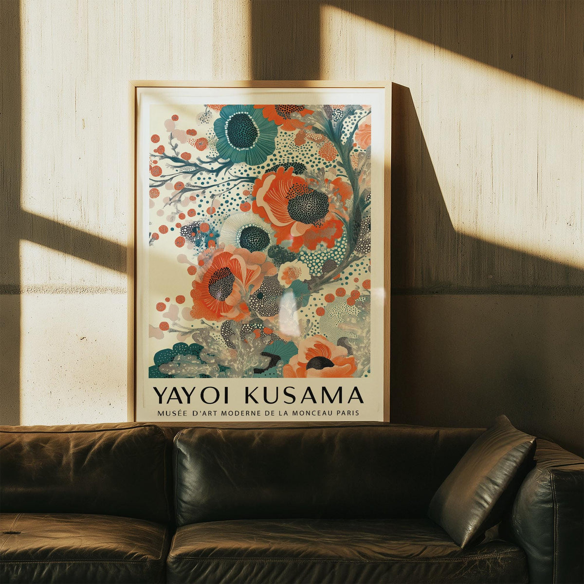 Modern teal and orange wall art with playful pattern and color contrasts