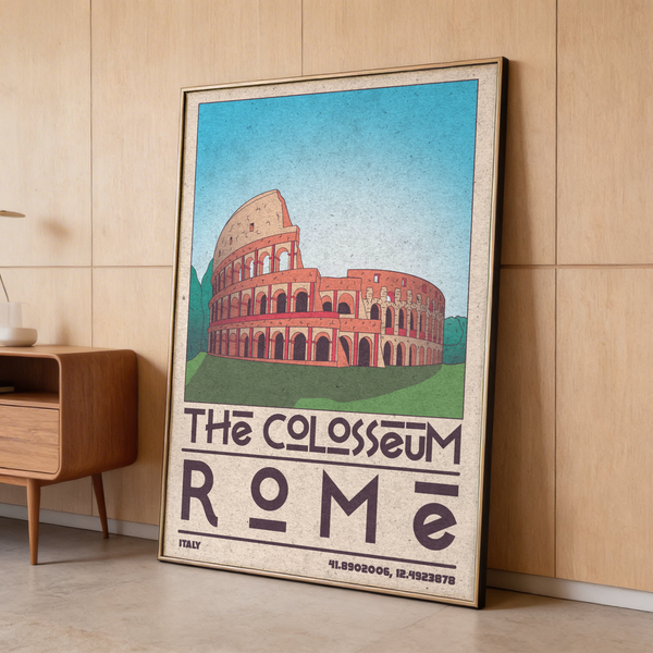 Graphic travel print of the Colosseum with stacked archways and “The Colosseum” title