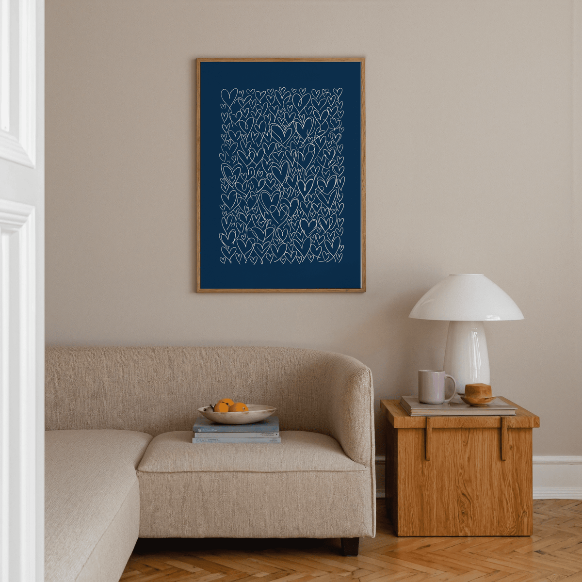 Art with Hearts art print in gentle Blue and Beige for office