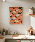 Sushi Wall Poster with Orange accents for small kitchen art