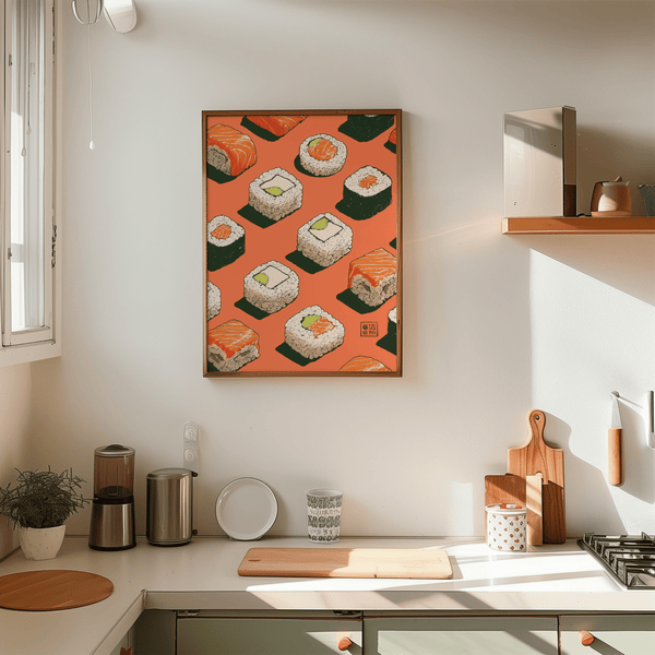 Sushi Wall Poster with Orange accents for small kitchen art