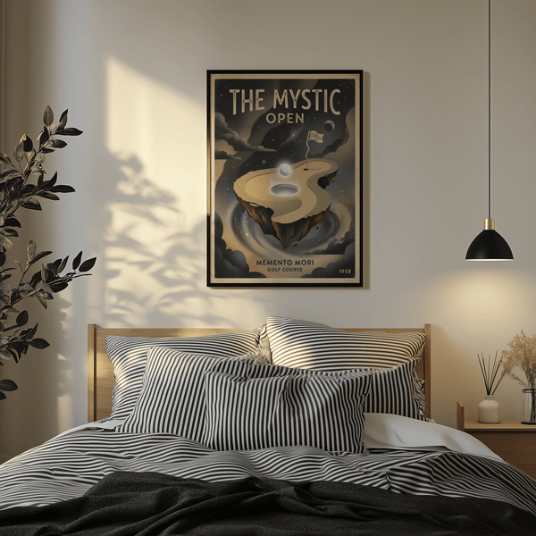 Memento Mori Golf Course Art Print wall art with floating green, OPEN flag, and star field
