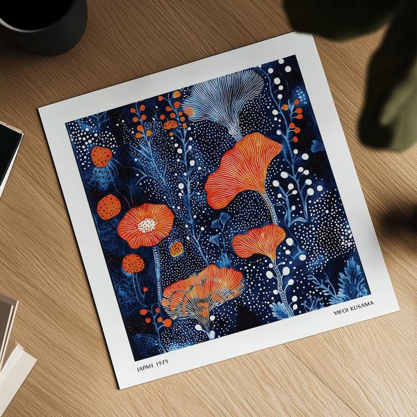 Orange Abstract Flower Art with Japanese plant forms and dotted layering.