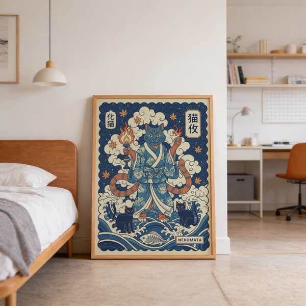 Japanese folklore cat art with layered clouds, fishbone symbol, and red text panels