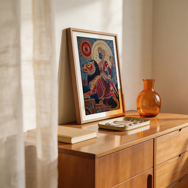 Detail of square tile patterns forming warrior’s ornate garment and jewelry