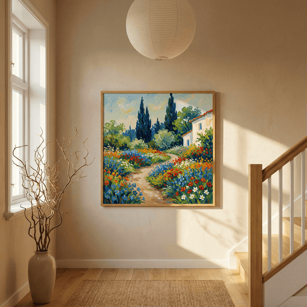 Vibrant Flower Art Print in a blend of blue and green for office wall art