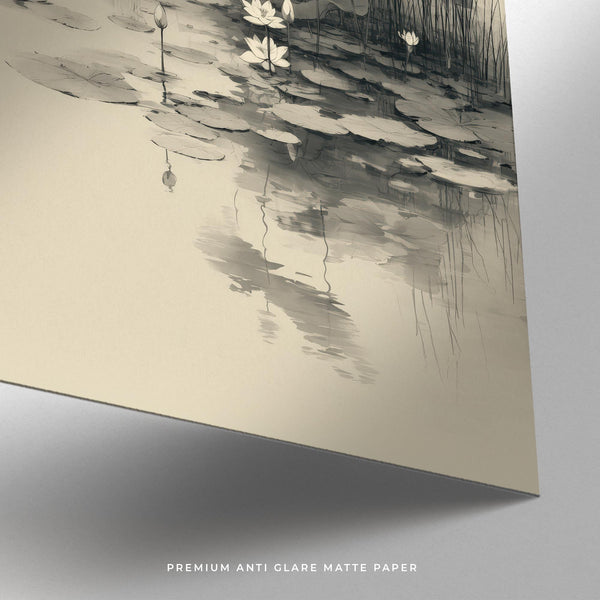 Monochrome botanical lotus flower wall art for tranquil interior design.