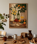 Still Life Kitchen Art showing yellow flowers, orange fruit for kitchen wall art