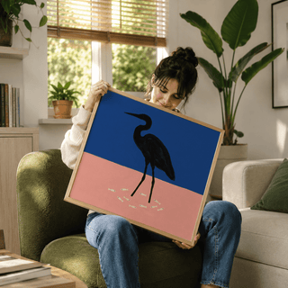 Side profile of wading bird above tiny fish shapes on flat color field
