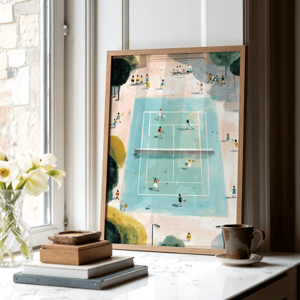 Playful illustration poster of a tennis match with tiny figures holding rackets around the court