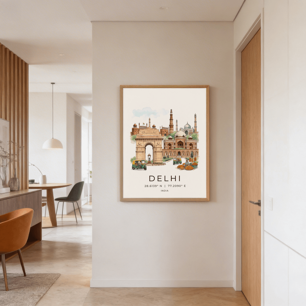 Watercolor inspired illustration with coordinates text reading DELHI