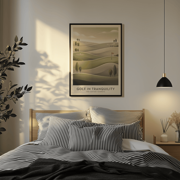 Scenic golf course wall art poster with hole flag, sand traps, and negative space composition