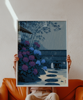 Detail view of Japanese Rain Print poster focusing on slanted rain lines over a quiet garden fence
