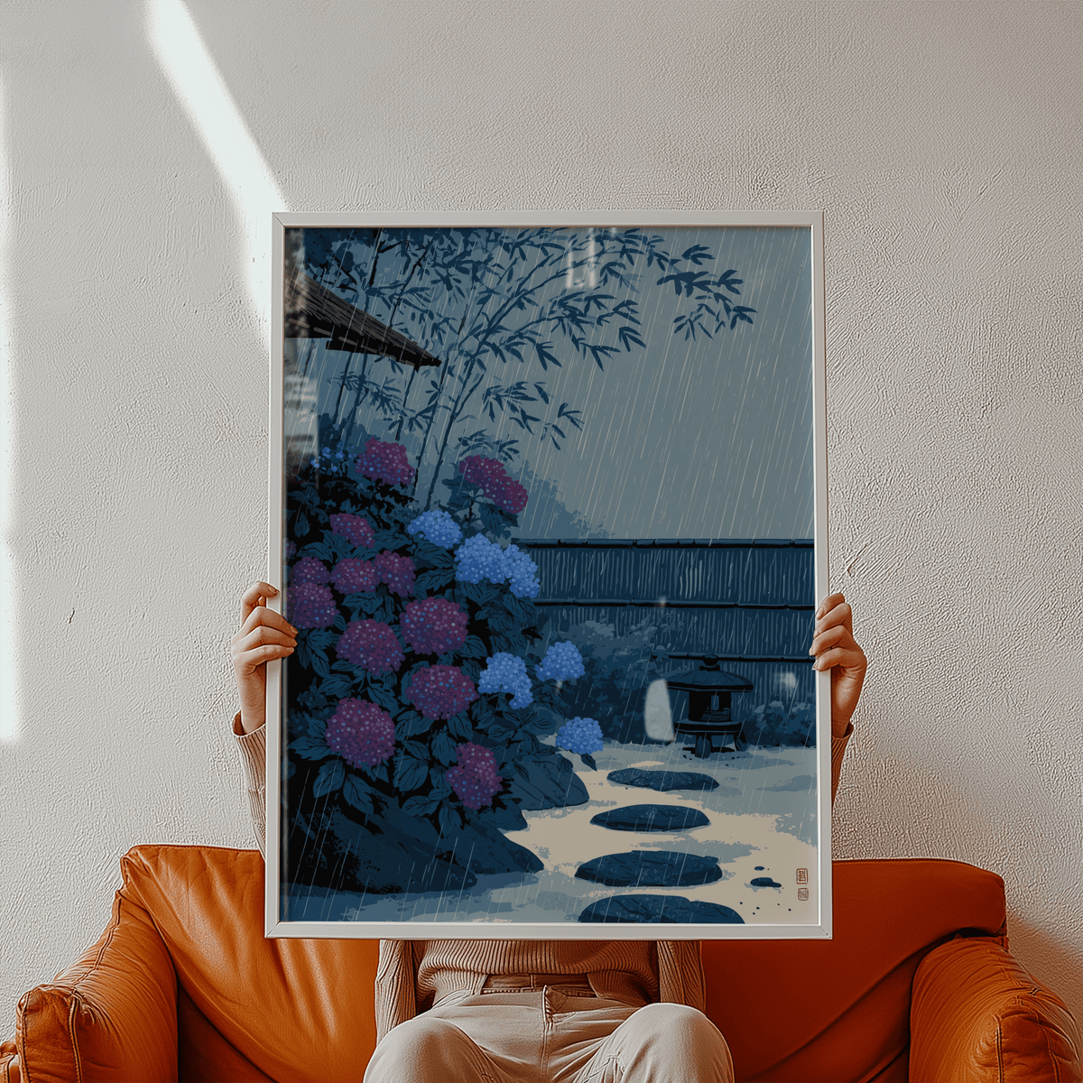 Detail view of Japanese Rain Print poster focusing on slanted rain lines over a quiet garden fence