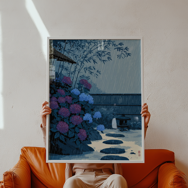 Detail view of Japanese Rain Print poster focusing on slanted rain lines over a quiet garden fence