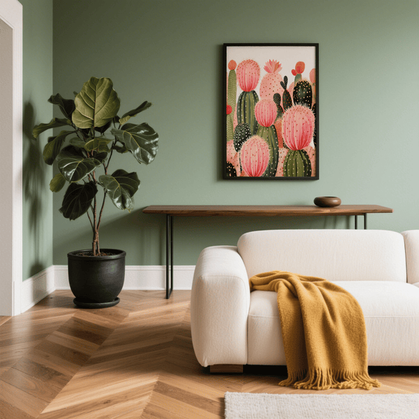 Pink Cactus Print bathroom wall art with Green and Orange palette