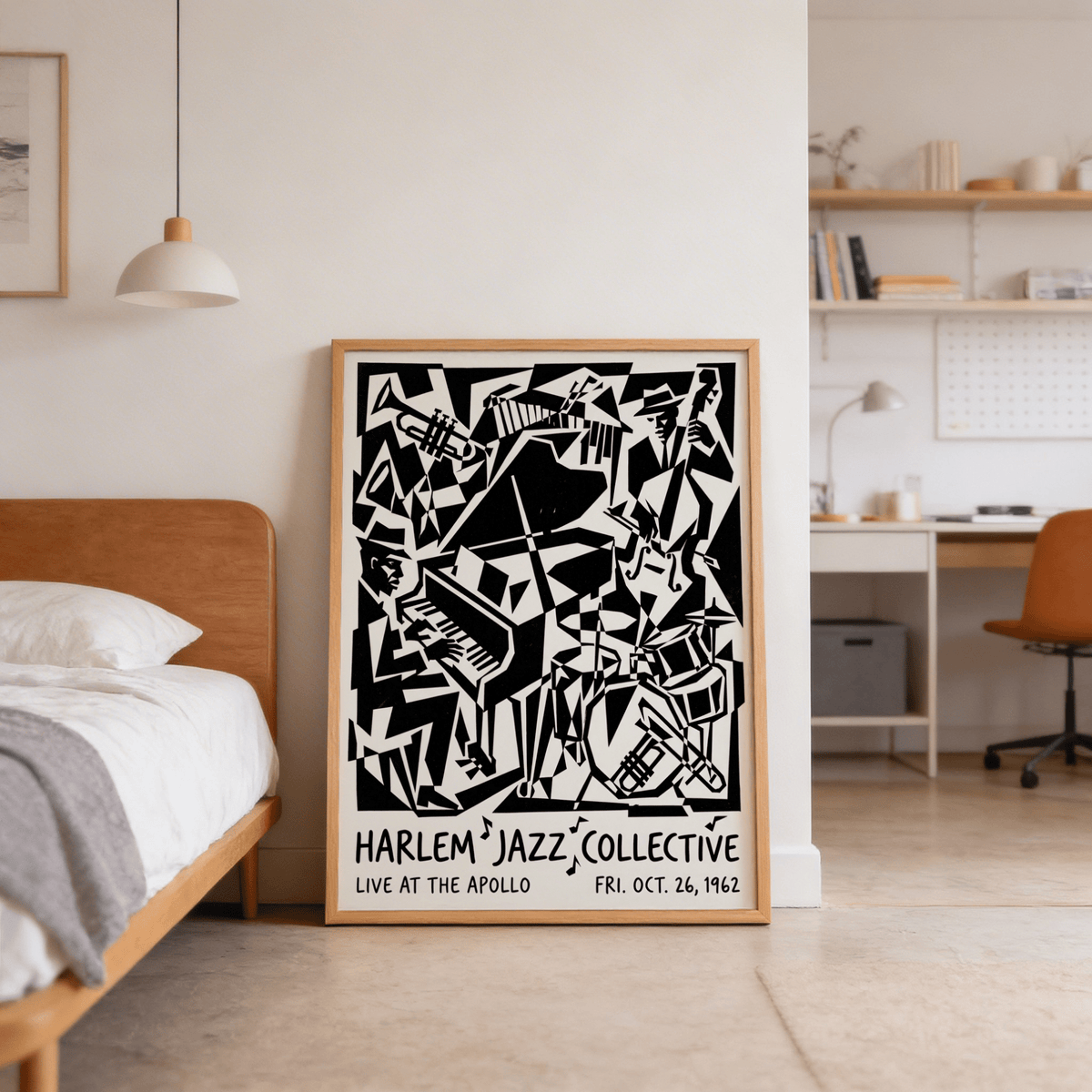 Black and white jazz ensemble poster illustrating sharp-edged horn section and piano keys