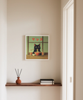 Ramen Cat Art wall art in Black, Red, and Green for living room decor
