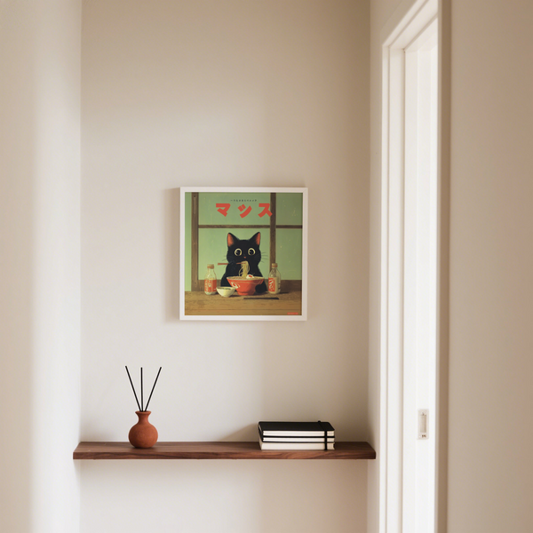 Ramen Cat Art wall art in Black, Red, and Green for living room decor