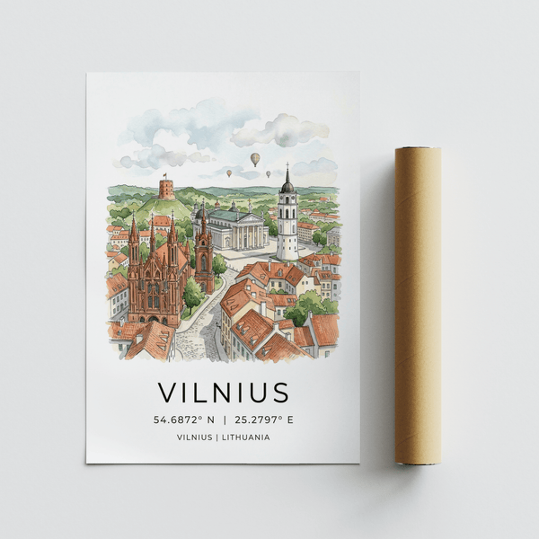 Travel illustration of Vilnius skyline rendered in white, black, and muted tones