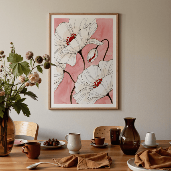Detailed contour lines define petals on contemporary botanical print