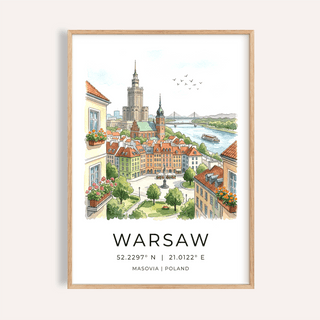 Illustrated Warsaw skyline poster with Old Town rooftops and river view