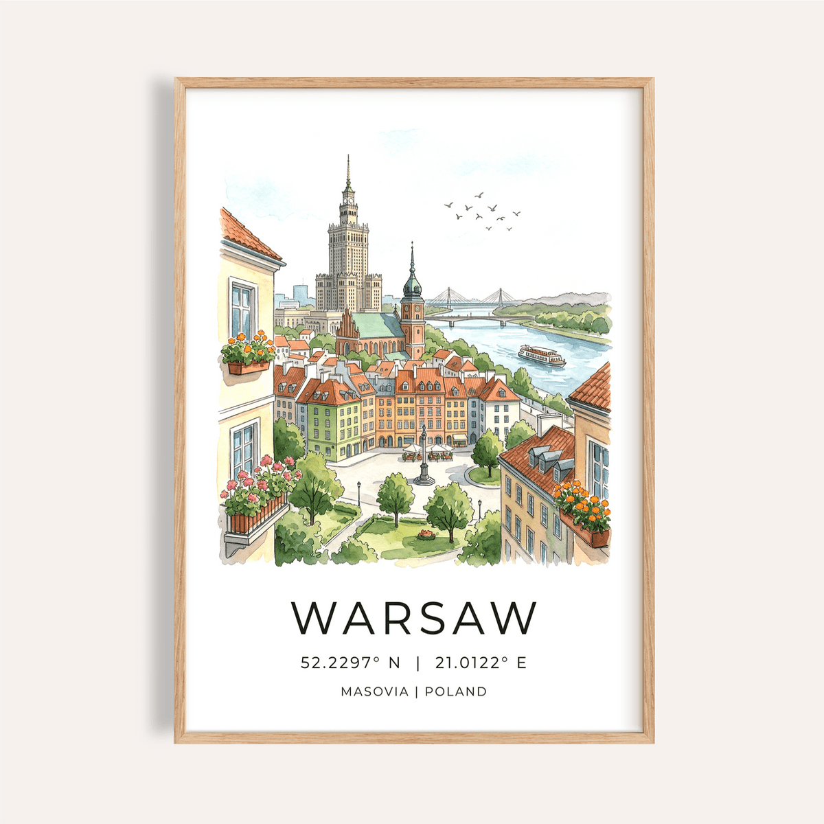 Illustrated Warsaw skyline poster with Old Town rooftops and river view