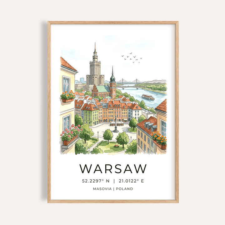 Illustrated Warsaw skyline poster with Old Town rooftops and river view