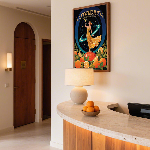 Retro bar art with a martini glass and surreal planet-themed backdrop.