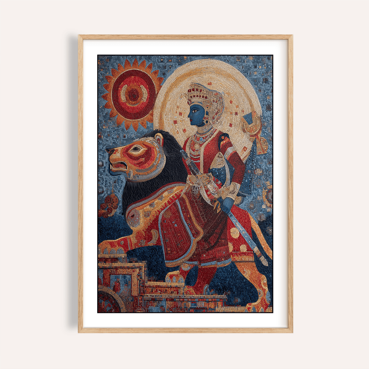 Indian Warrior Wall Art mosaic poster showing rider on lion with gold halo