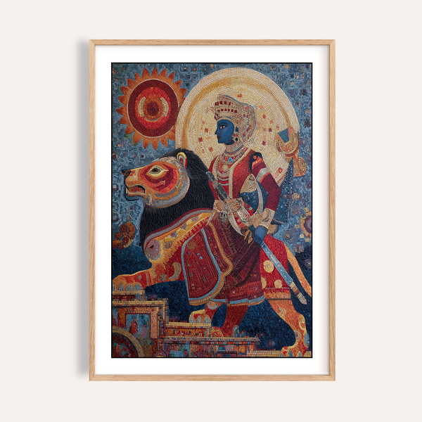 Indian Warrior Wall Art mosaic poster showing rider on lion with gold halo