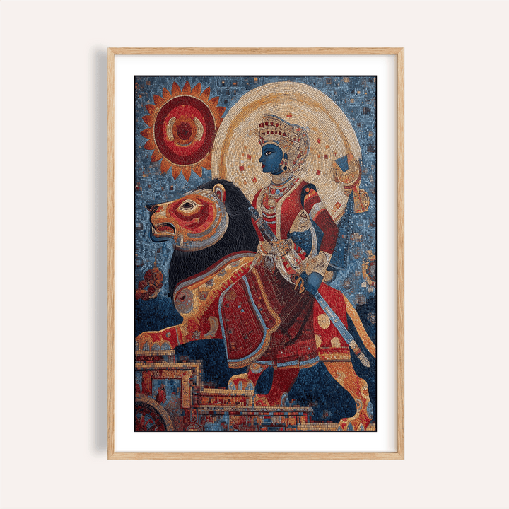 Indian Warrior Wall Art mosaic poster showing rider on lion with gold halo