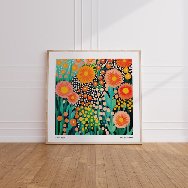 Coral and yellow flowers set against dotted black background in Colorful Flower Art.