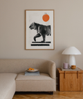 Modern animal poster with walking tiger profile and bold circular shape