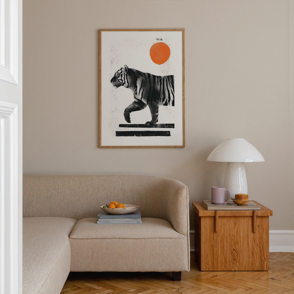 Modern animal poster with walking tiger profile and bold circular shape