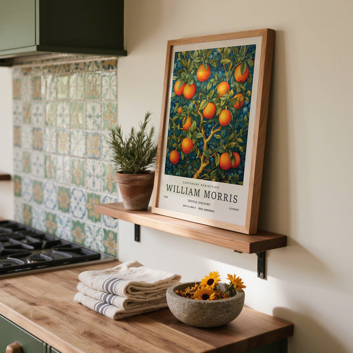 Orange Tree Wall Art with vintage floral backdrop and vivid citrus accents.