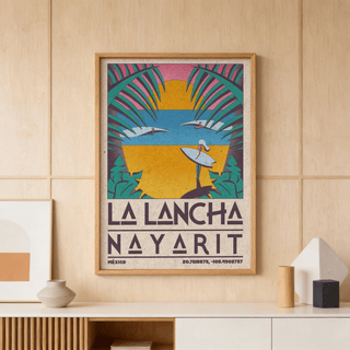 Framed Surfer Beach Art Print hanging in coastal living room with pastel palette