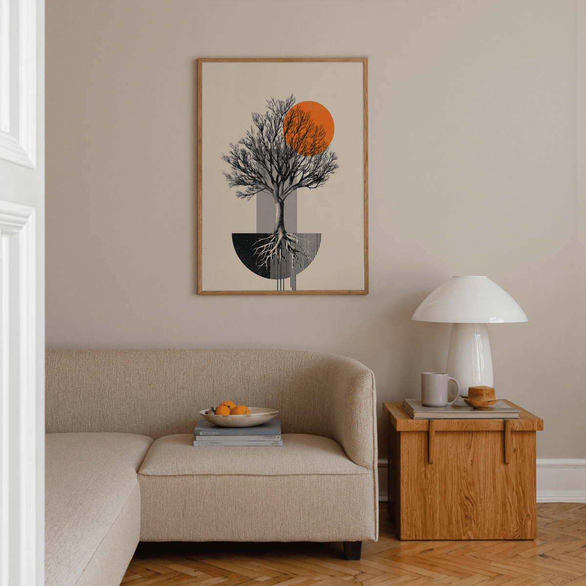 Contemporary tree print with dark trunk, branching limbs, and split semicircle with stripes