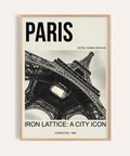 Paris Eiffel Tower Print angled iron lattice view with bold PARIS header