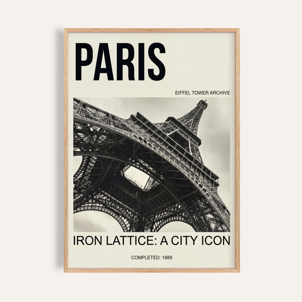 Paris Eiffel Tower Print angled iron lattice view with bold PARIS header