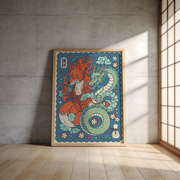 Mythical Creature Wall Art poster showing dragon loop and fox spirit face