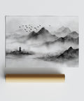 Minimalist mountain range with birds in flight and temple, black and white landscape print.
