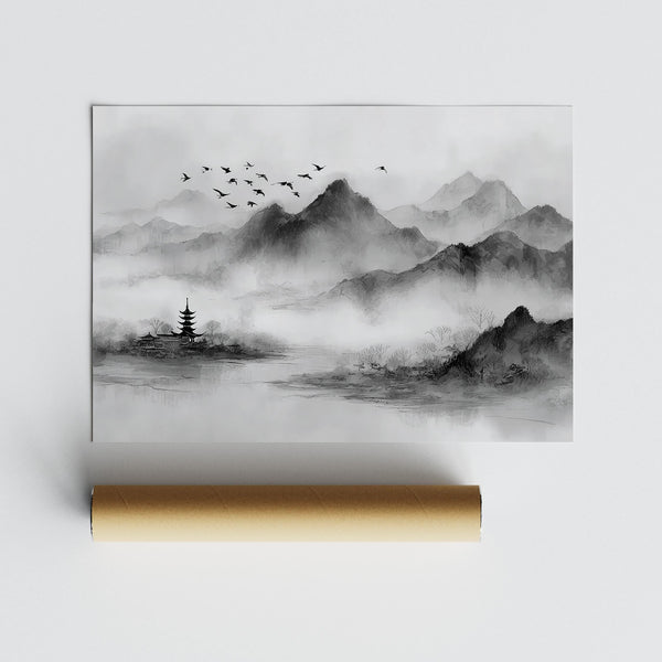 Minimalist mountain range with birds in flight and temple, black and white landscape print.