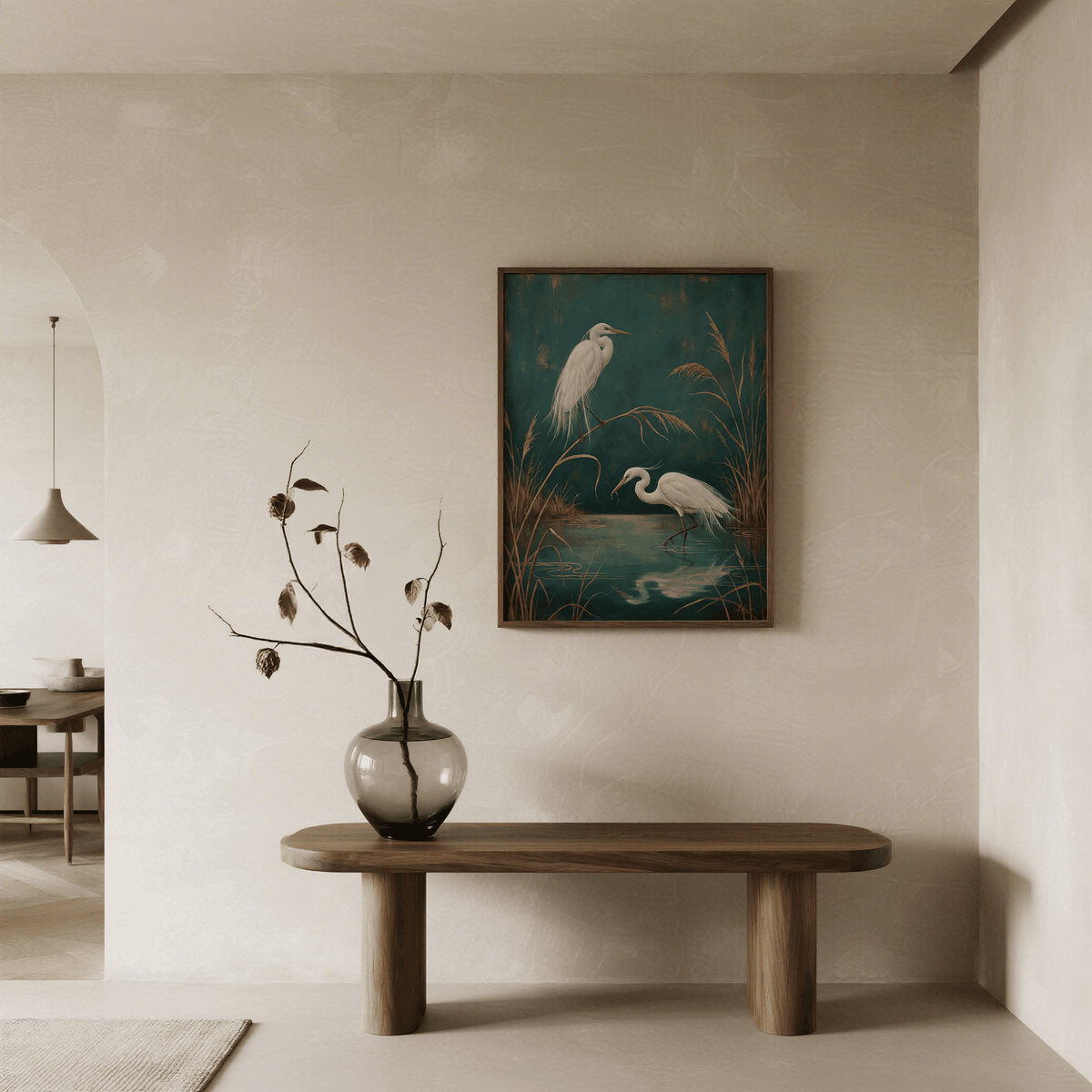 Egret Wall Art with green, blue, and yellow accents for dining room poster