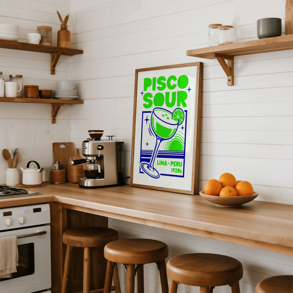 Pisco Sour Wall Art with retro Green and Blue tones for home bar print