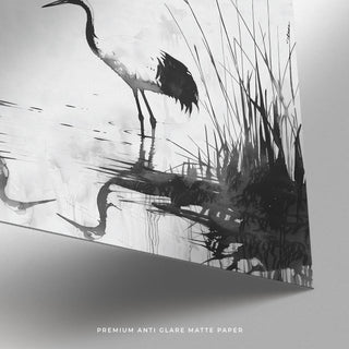 Japanese-style crane art with reflections and reeds, minimalist bird print.